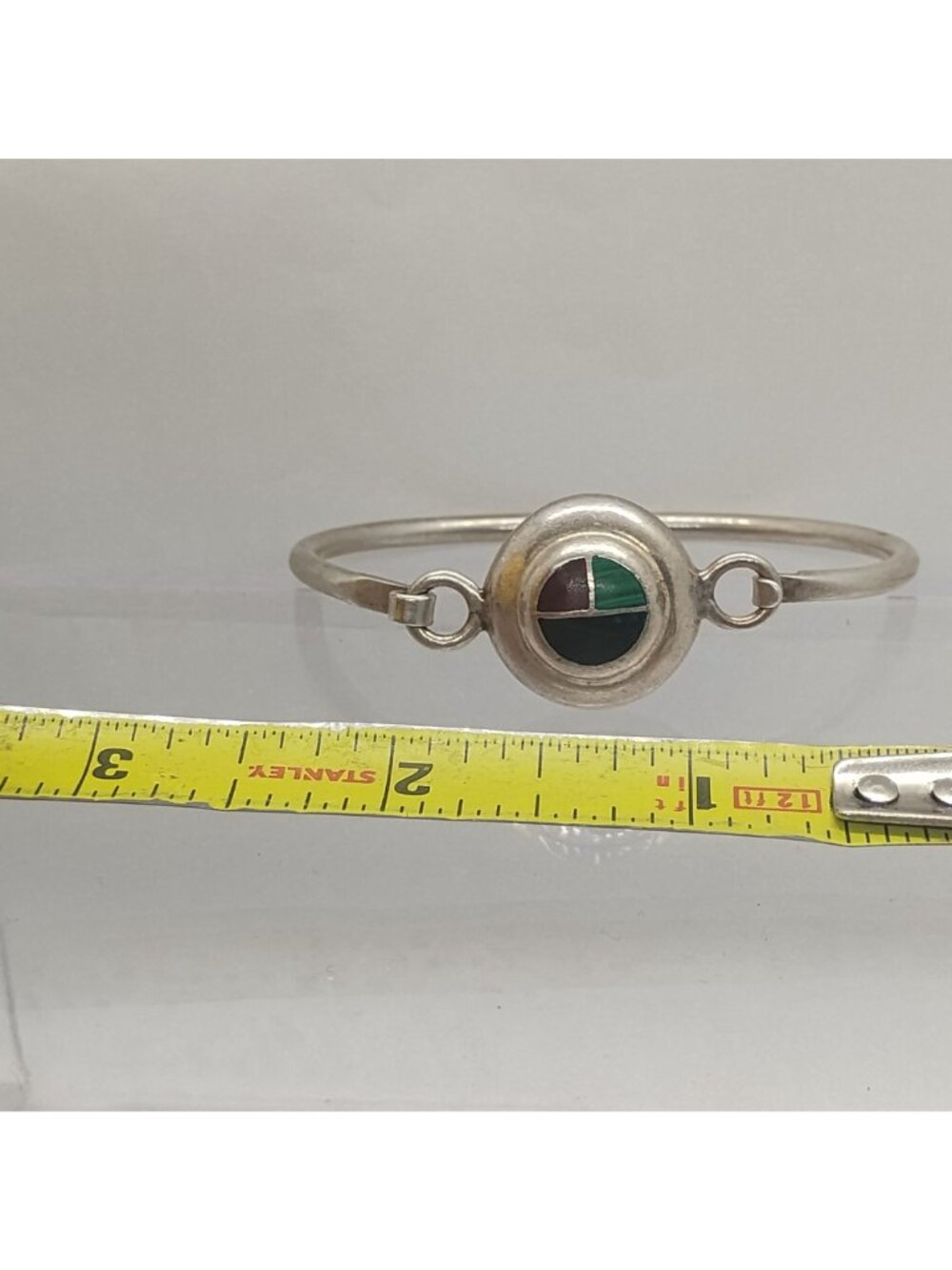 Sterling Silver Onyx Malachite Jasper Inlay Art Deco Cuff Mexico 925 Hook-on Siz - Picture 4 of 6